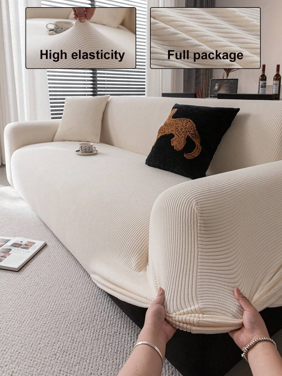 1pc Solid Color Textured Stretch Sofa Cover, Ins Style For All Seasons, Machine Washable, Pet-Friendly & Durable, Suitable For Living Room, Bedroom, Dining Room, Outdoor, Fits 1/2/3/4 Seater Sofa, Comes With Anti-Slip Strips - Beige - View 1