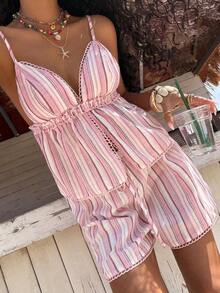 Conjunto informal de 2 piezas de mujer en azul marino con lunares, incluye camiseta de tirantes y pantalones con estampado de lunares, adecuado para primavera, verano, vacaciones, hogar, festivales de música, vuelta al colegio, atuendos casuales - Rosa 2 - Ver 6