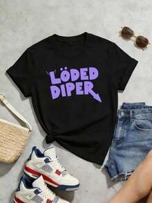 Women's Summer Casual Soft Round Neck Short Sleeve T-Shirt,Loded Diper Purple Text Print Graphic Suitable For Spring And Summer.Black - 黑色 - 查看 5