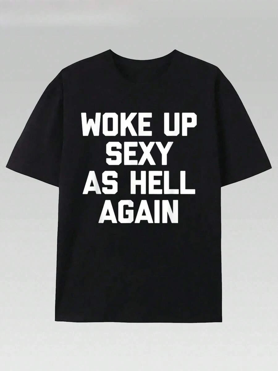 PAYEAH T-Shirt I Woke Up Sexy Like Hell Again (One Piece) 100% Cotton 220g Heavyweight Cotton T-Shirt - 黑色 - 查看 1