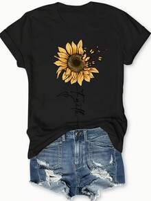Camiseta con estampado de girasol y mariposa para mujer - Blusa informal de manga corta con cuello redondo con Diseño de girasol y mariposa, Tejido elástico medio, Trajes para clima cálido de primavera verano, Top opaco lavable a máquina  Para ocasiones informales y elegantes - - Negro - Ver 1