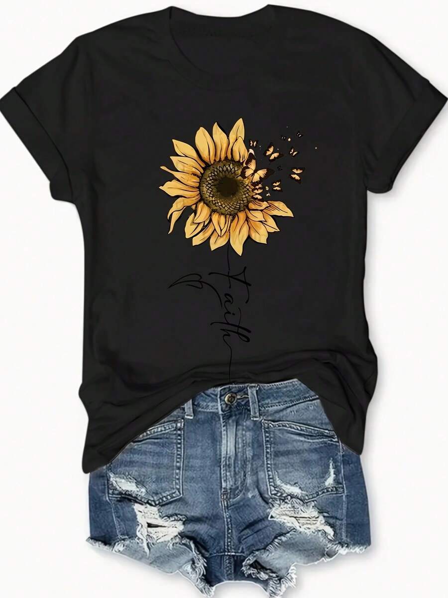 Camiseta con estampado de girasol y mariposa para mujer - Blusa informal de manga corta con cuello redondo con Diseño de girasol y mariposa, Tejido elástico medio, Trajes para clima cálido de primavera verano, Top opaco lavable a máquina  Para ocasiones informales y elegantes - - Negro - Ver 1