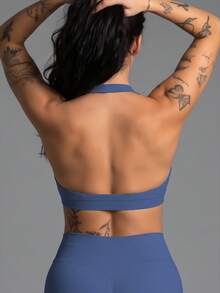 TNTOR Women's Matte Solid Color Seamless Racerback Sports Bra, Removable Padding, Enhances Bust Line, Open Back Single Strap Design, Yoga Bra Z232 Autumn Style - Dusty Blue - View 2
