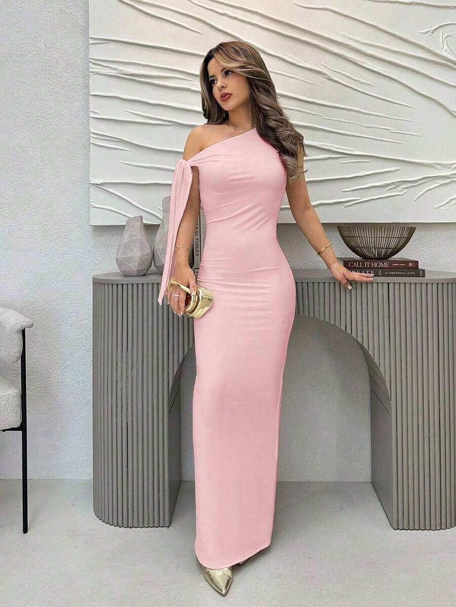 Vestido de graduación elegante de mujer con hombro asimétrico, lazo y abertura con dobladillo dividido en unicolor - Rosa Pálido 2 - Ver 1
