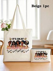 1 pieza Conjunto de bolsa con cita inspiradora blanca, bolso de mano + bolsa con "ESTÁ BIEN cometer errores, sé tú mismo" y 5 diseños de mujeres, bolsa de maquillaje con estampado floral para viajes, gimnasio, motivación diaria, conjunto de regalo inspirador para mujeres - multicolor - Ver 14