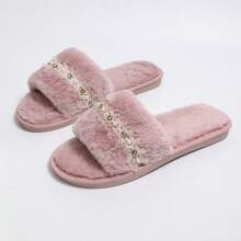 New Elegant Fashion Women's Rhinestone Decor Fluffy Slippers, Comfortable Warm Indoor/Outdoor Plush Slide Slippers For Women, Flat Design Anti-Slip Lightweight Easy-To-Wear Furry Slippers - Pink - View 7