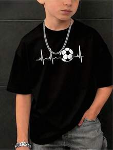 1 Double-Sided Short-Sleeved Crew Neck T-Shirt - Colorful Football Print T-Shirt, Full Of Joy And Happiness For Children Who Love To Explore And Play, Ideal For Youth Student Clothing - 黑色 - 查看 1