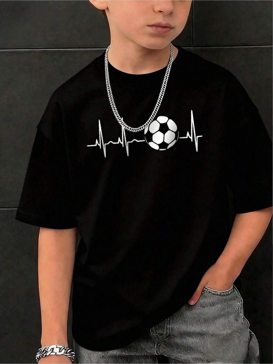1 Double-Sided Short-Sleeved Crew Neck T-Shirt - Colorful Football Print T-Shirt, Full Of Joy And Happiness For Children Who Love To Explore And Play, Ideal For Youth Student Clothing - 黑色 - 查看 1
