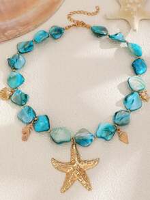 pieza de collar con colgante de estrella de mar y concha dorada de estilo bohemio inspirado en el océano, decorado con cuentas azul-verdes y doradas - Accesorio multifuncional para mujer, - Azul - Ver 2