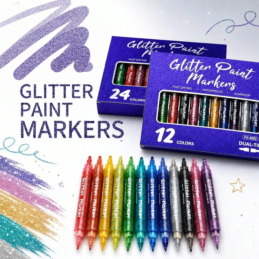 YIMI 12/24pcs Dual-Tip Metallic Markers/Flysea 12/24pcs 0.7mm/3.0mm - Suitable For Painting And Doodling, Perfect Birthday Decoration Art Supplies, Shiny Metallic Markers Applicable To Most Surfaces, With Exquisite Ink Effect - Sets - View 1