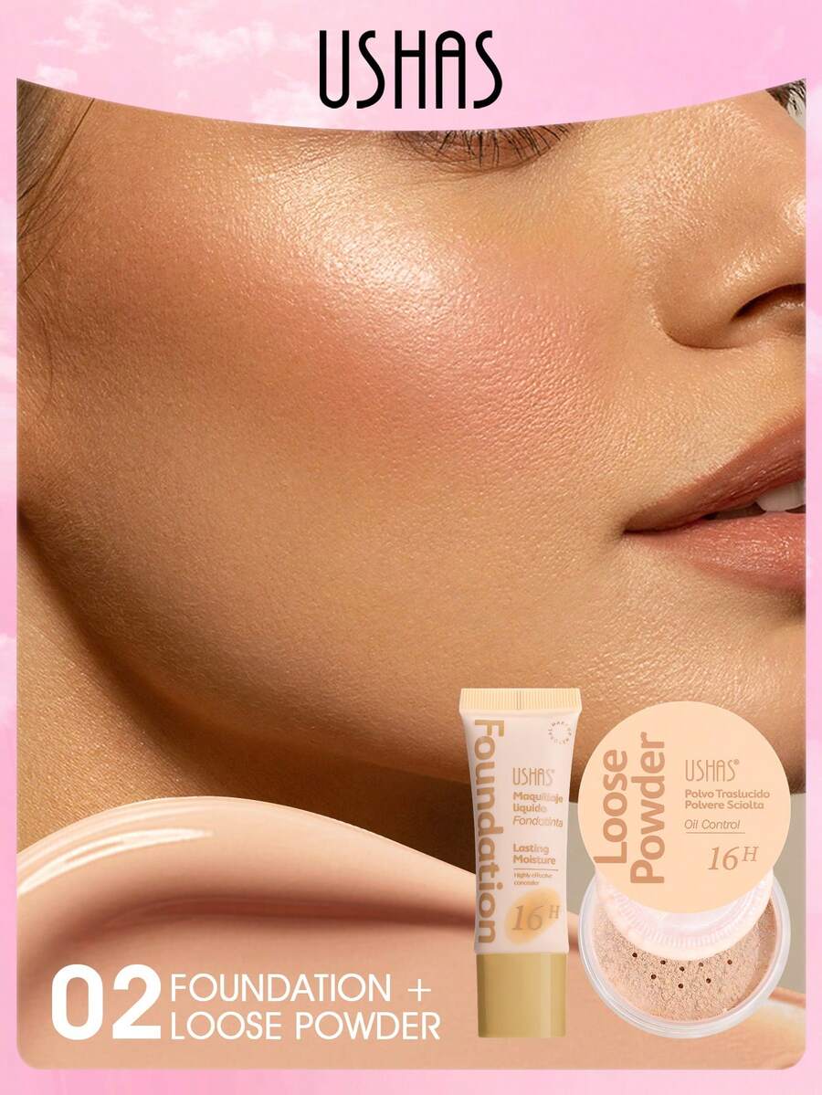 Set de Base Mate + Polvo Fijador USHAS, Control de Grasa de Larga Duración 16 Horas, Cobertura Completa, Textura Fina, Crea Efecto de Maquillaje Mate Natural, Tamaño Portátil de Viaje, Maquillaje Esencial para Mujeres