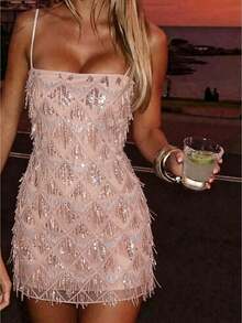 Glam Sequin Fringe Cami Mini Dress Women Bodycon Party Stage Performance Dress - 粉色 - 查看 1