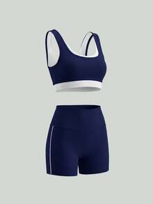 UONNOU 2 Peças Conjunto de Shorts Esportivos Modeladores Femininos, Roupa Esportiva Casual de Fitness para o Verão - Azul Royal - Visão 3