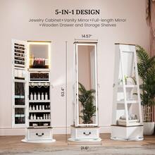 HWB LED Mirror Jewelry Cabinet Standing, 360°Swivel Jewelry Armoire With Full Length Mirror, Mirror With Jewelry Storage And Large Wooden Drawer For Christmas Gifts,White - 白色 - 查看 4