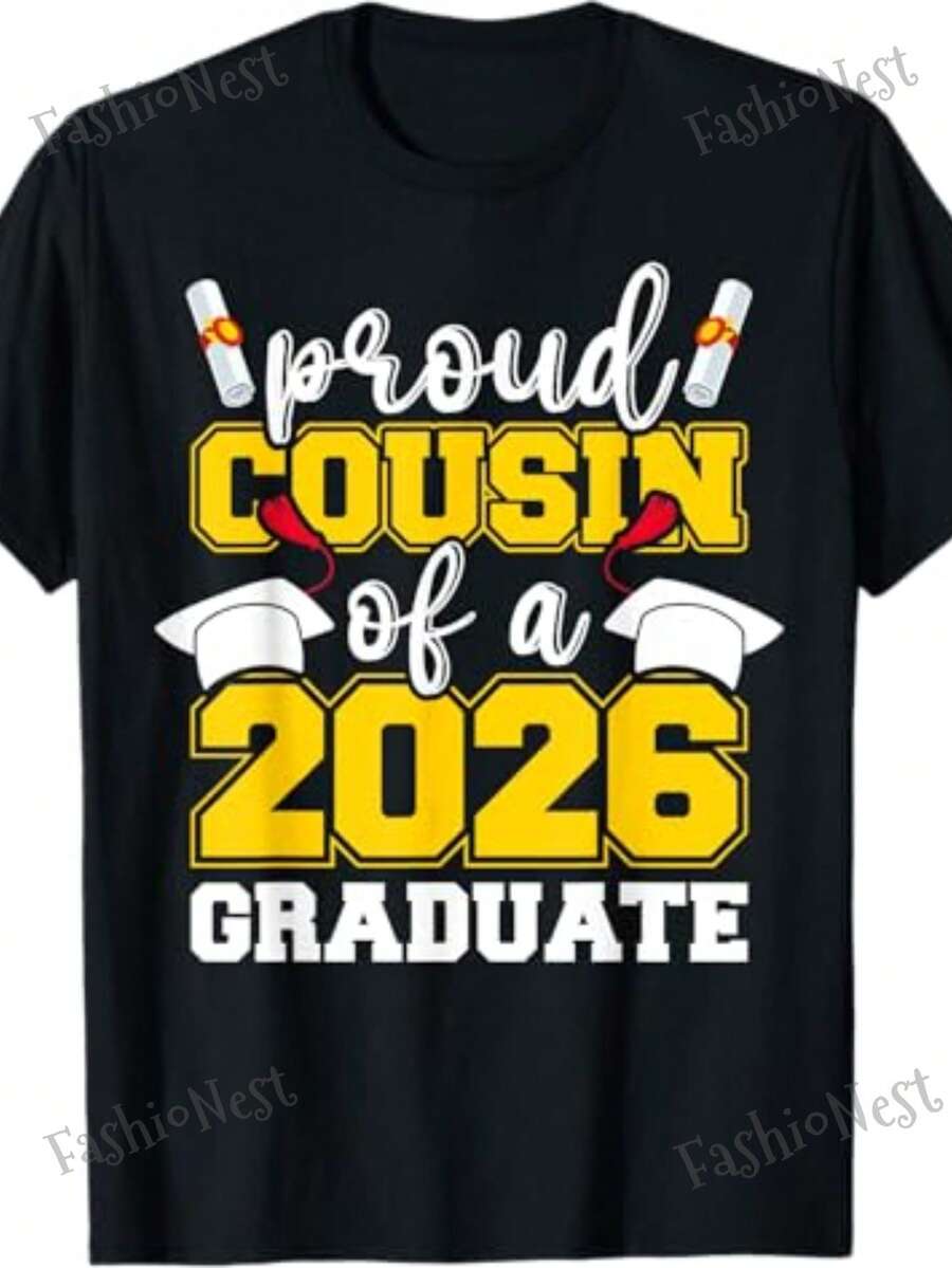 "Proud Cousin Graduate 2026" T-Shirt - 100% Cotton, Comfortable, Crew Neck, Short Sleeve, Colorful - For Cousins - Unisex For Men And Women - Graduation Outfit For Geniuses And Family - Machine Washable - Class Of 2026 Clothing - 粉色 - 查看 1