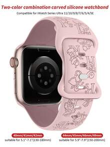 1件女款雕花矽膠錶帶，適用於Apple Watch 41mm 40mm 44mm 45mm 42mm 38mm 49mm 46mm，可愛小女孩字母圖案，柔軟休閒運動錶帶，適用於Apple Watch Series SE 11 10 9 8 7 6 5 4 3 2 1 Ultra，時尚雕花工藝智慧手錶錶帶 - 粉紅色錶帶配煙粉色字母 - 查看 6