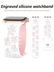 1條女款雕花矽膠錶帶，適用於Apple Watch 41mm 40mm 44mm 45mm 42mm 38mm 49mm 46mm，可愛小女孩字母圖案，柔軟休閒運動錶帶，適用於Apple Watch Series SE 11 10 9 8 7 6 5 4 3 2 1 Ultra，時尚雕花工藝智慧錶帶 - 白色錶帶配粉紅色字母 - 查看 4