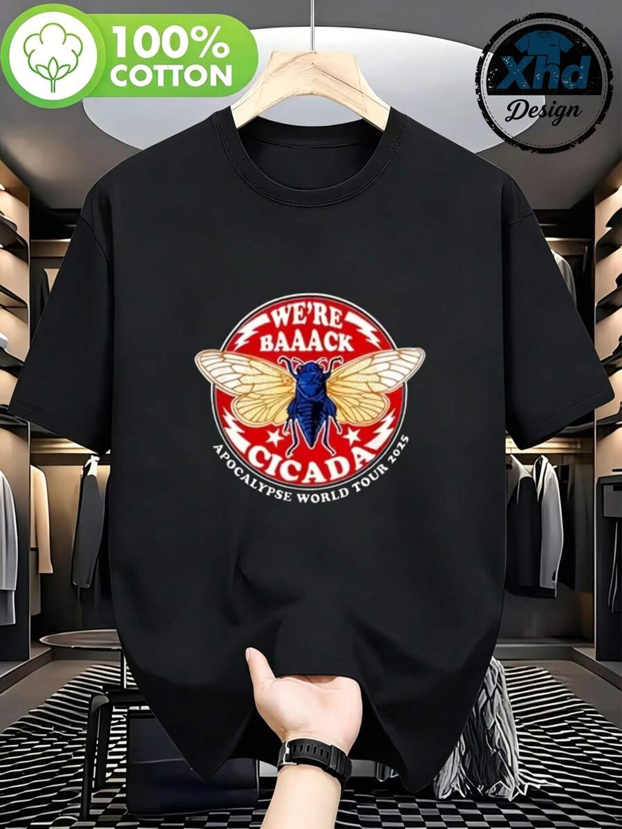 Camiseta de algodón 100% estilo gráfico moderno Men's T-Shirt diseño de cigarra con texto We're Baaack Cicada Apocalypse World Tour 2023 ideal para uso diario verano y otoño perfecta para regalar a amigos amantes de la moda urbana y cultura pop - Negro - Ver 1