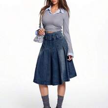 guangzhougaolangshangmao  Falda mini plisada de línea A de denim azul para mujer - Azul lavado oscuro - Ver 6
