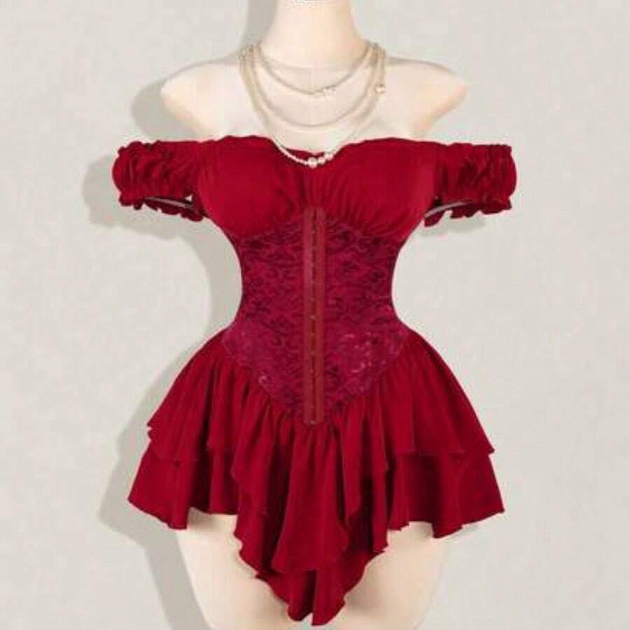 ICON Vestido corto de gasa con volantes en el hombro, cintura fruncida y estampado jacquard para mujer, elegante para fiestas y uso casual - Burdeos - Ver 1