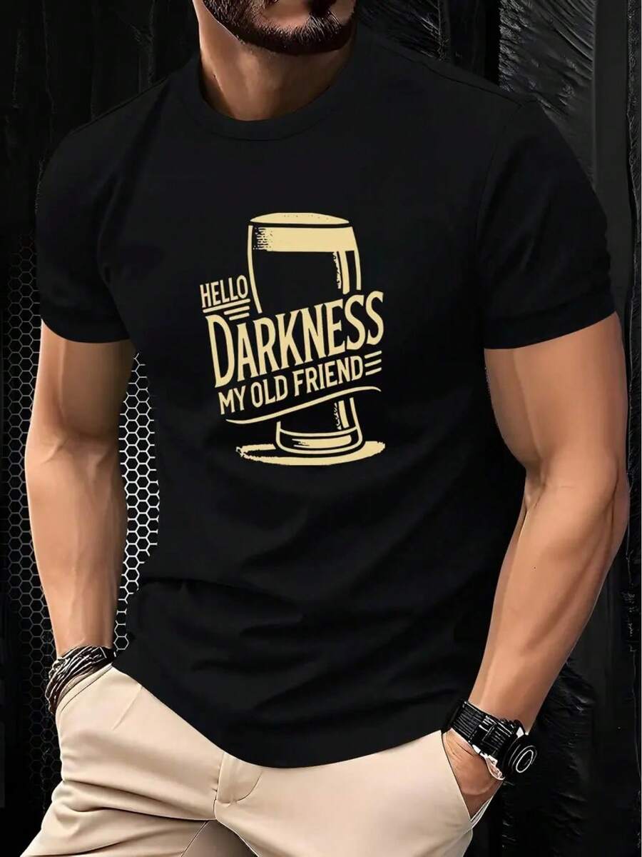 Men's Casual T-Shirt "Hello Darkness" - Black Design With Gold Coffee Cup, Breathable And Comfortable Short Sleeve Crew Neck For Summer, "Hello Darkness My Old Friend" T-Shirt, Extra Large Size, Men's T-Shirt, Men's Tee - 黑色 - 查看 1