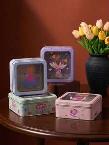 1pc Birthday Square Tin Gift Box With Clear Window. Reusable Metal Tin With Cute Cake & Floral Patterns. Perfect For Party Favors, Treats, Small Gifts And Home Storage. Beautiful Packaging For Birthdays, Baby Showers And Holidays. - View 3