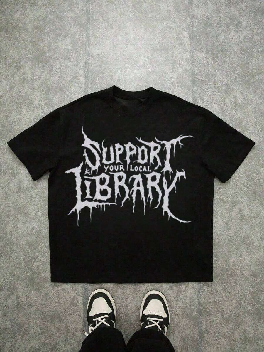Camiseta con Estampado de Estilo Gótico "Apoya tu Biblioteca Local", Manga Corta Casual y Cómoda, Camiseta de Algodón Grueso de 220 Gramos, Halloween, Ropa de Otoño, Talla Grande - Negro - Ver 1