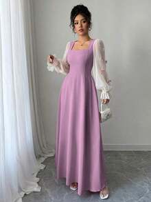 Vestido de mujer con parches tejidos, decoración de lazo y cintura ceñida - Morado - Ver 3