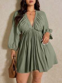 Elaquor Vestido informal de talla grande de manga farol en unicolor - Verde militar - Ver 5