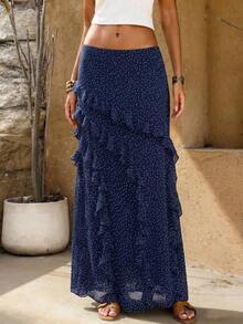 Vestido de verano para mujer Vellofy, hecho de tela ligera, transpirable y cómoda, con diseño de volantes en el bajo y decoración con estampado de lunares - Azul marino - Ver 11