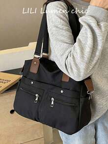 Este nuevo bolso cruzado de lona de unicolor, de moda y clásico, tiene una gran capacidad, múltiples bolsillos y un diseño de asa bicolor, lo que lo hace muy adecuado para salidas al campus. Esta mochila de estilo universitario tiene un gran espacio, es impermeable, ligera y portátil, con un estilo casual clásico adecuado para mujeres jóvenes. - Negro - Ver 2