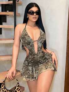 Vestido mini sexy con escote profundo con estampado de leopardo y floral para vacaciones de mujer - Multicolor - Ver 1