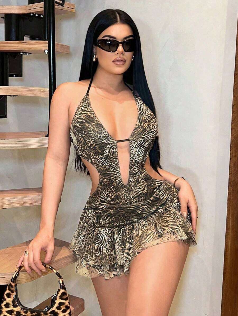 Vestido mini sexy con escote profundo con estampado de leopardo y floral para vacaciones de mujer - Multicolor - Ver 1
