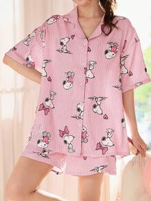 Gongdie Bộ đồ ngủ nữ Snoopy 2 món, chất liệu mềm mại, thoáng khí, họa tiết hoạt hình dễ thương và sọc, thích hợp mặc nhà mùa hè. - Hồng - Xem 5