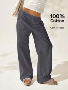 Pantalones rectos de cintura baja de algodón lavado de estilo casual para mujer en tono camello - Gris Oscuro - Ver 1