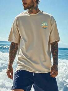 Coastal | Men's Short-Sleeved T-Shirt, Casual Vacation Style, With A Print Of Surf Illustrations And California Coastal Elements. | Suitable For Summer Wear | Comfortable And Breathable | Cutting-Edge Fashion - 杏色 - 查看 2