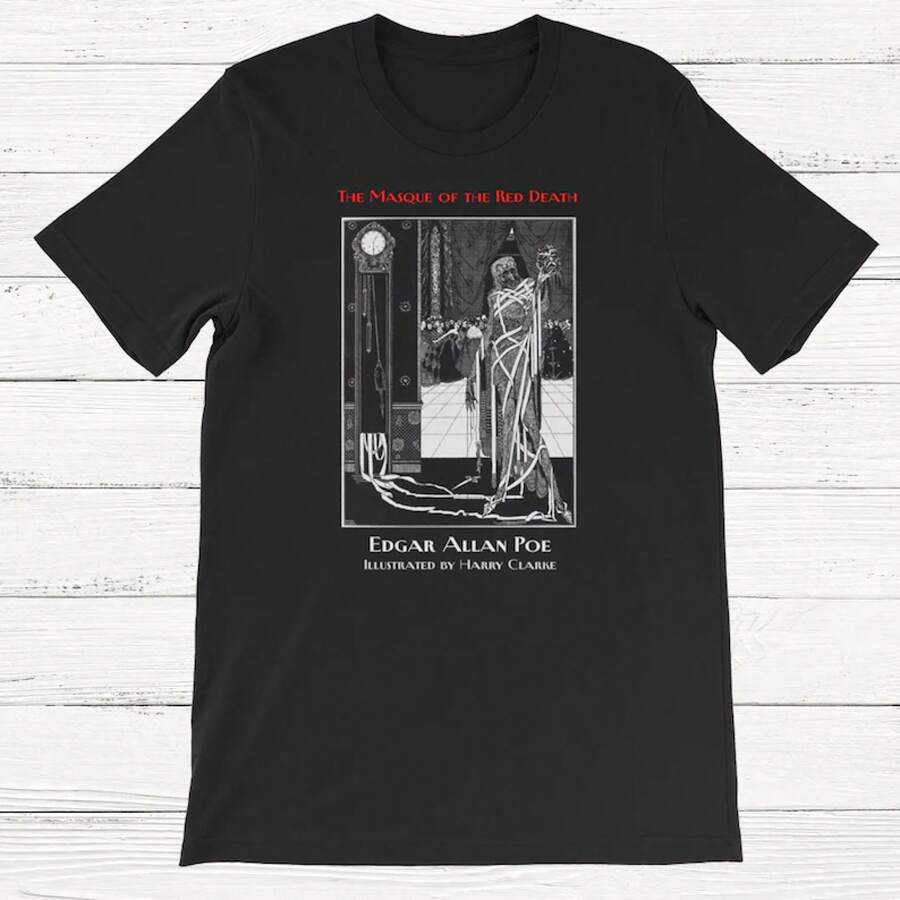 Camiseta de Poe, Máscara de la Muerte Roja, Camiseta Unisex de Manga Corta, Camisetas de Edgar Allan Poe, Camiseta de Libro, Amantes de los Libros, Libros Clásicos - Negro - Ver 1