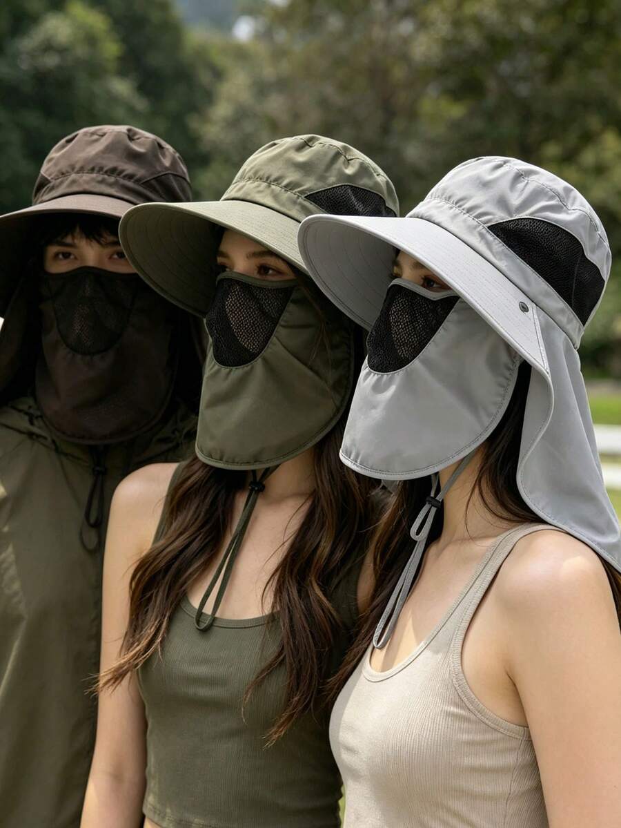 1 chiếc mũ chống nắng ngoài trời che kín mặt, mũ lưới thoáng khí vành rộng unisex, mũ che nắng mùa hè bảo vệ cổ và mặt khỏi tia UV, mũ câu cá - xanh quân đội - Xem 1