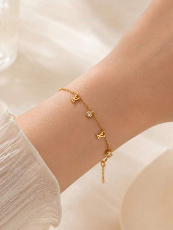 Vòng tay chữ mạ vàng 18K đính đá Zirconia, không phai màu, không gây dị ứng, phong cách thời trang tối giản, phụ kiện hàng ngày cho nữ