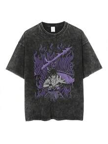 Camiseta de Algodón Estampado Anime Lavada Hip Hop Streetwear Harajuku Japonesa Cuello Redondo 6 Tallas Disponibles Tops Casuales de Manga Corta para Hombres y Mujeres Verano Y2K - Negro - Ver 6