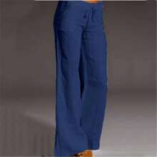 New In Stock: Women's High-Waisted Wide-Leg Pants With Large Bell-Shaped Pockets, Cotton-Linen Casual Pants For Women - Màu xanh lam - Xem 4