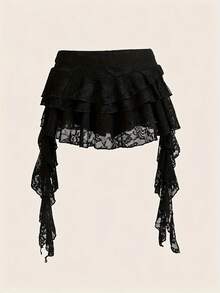 White Lace Mini Skirt With Ruffles And Low Waist, Casual Vacation Style, With Shorts To Avoid See-Through. Women's Tiered Wave Mini Skirt, Spring/Summer, Party Fashion Y2K, A-Line Skirt With Ruffles And Layers, Ideal For Vacation And Bohemian Style - 黑色 - 查看 1