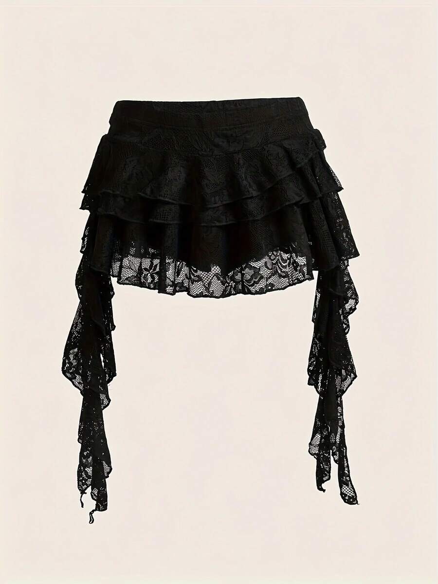 White Lace Mini Skirt With Ruffles And Low Waist, Casual Vacation Style, With Shorts To Avoid See-Through. Women's Tiered Wave Mini Skirt, Spring/Summer, Party Fashion Y2K, A-Line Skirt With Ruffles And Layers, Ideal For Vacation And Bohemian Style - 黑色 - 查看 1