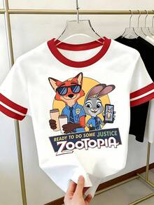 Disney Women's Zootopia Nick Wilde Judy Hopps Fun Ringer T‑Shirt - Official Licensed / Print With Nick & Judy Outfit, Coffee & Phone Graphic & "Ready To Do Some Justice Zootopia" Lettering, Casual Summer Outfits Suitable For Birthdays, Gifts, Theme Park Vacation Wear - White - View 2