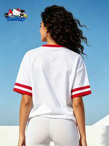 Women's Funny Y2K Sanrio Hello Kitty Anti Social Club Print T-Shirt, Loose Fit Red Trim Crew Neck Short Sleeve Casual Tee For Summer - White - View 2