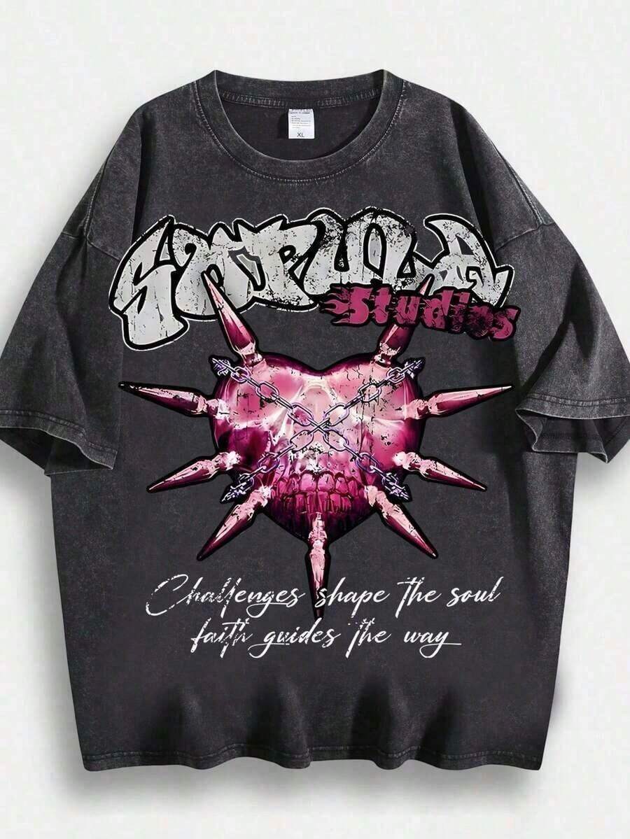 Camiseta de Algodón con Estampado Gráfico, Camiseta Lavada, Estilo-Hop para Hombre con Gráfico de Corazones. Diseño único. 230g de algodón. Corte holgado. Mangas cortas. Superior. DG004 Y2K, Camiseta de Verano para Hombre, Tallas Grandes de S a 3XL - Negro - Ver 1