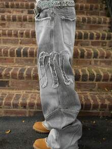 Skyrend Wasteland Dirty Wash Distressed Wide Leg Jeans Men Loose Beggar Pants Hip Hop Straight Leg Pants Fall/Autumn/Winter Grunge - Grey - View 4