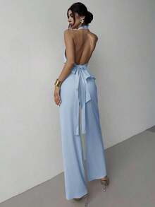 Conjunto de 2 piezas de top sin mangas con cuello en V asimétrico y pantalones rectos holgados en color caqui, elegante y romántico, adecuado para uso casual, vacaciones y viajes en verano - Café integral - Ver 10