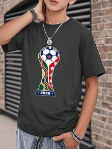 Boys' Short Sleeve Cotton T-Shirt With 2026 World Cup Trophy And Flag Print, For World Cup Matches/Daily Fan Wear WEOH - 深灰色 - 查看 1