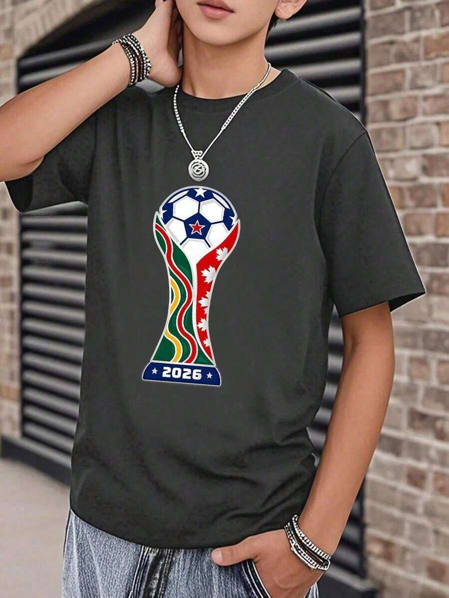Boys' Short Sleeve Cotton T-Shirt With 2026 World Cup Trophy And Flag Print, For World Cup Matches/Daily Fan Wear WEOH - 深灰色 - 查看 1